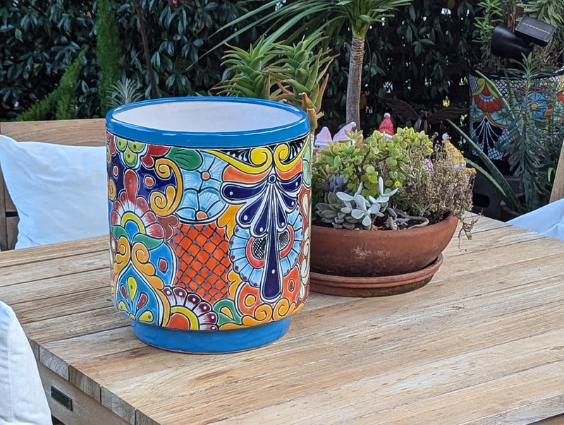 14" Tall Round Flower Pot Colorful Talavera Ceramic Planter is Handmade Mexican Pottery, Garden and Home Decor or Housewarming Gift