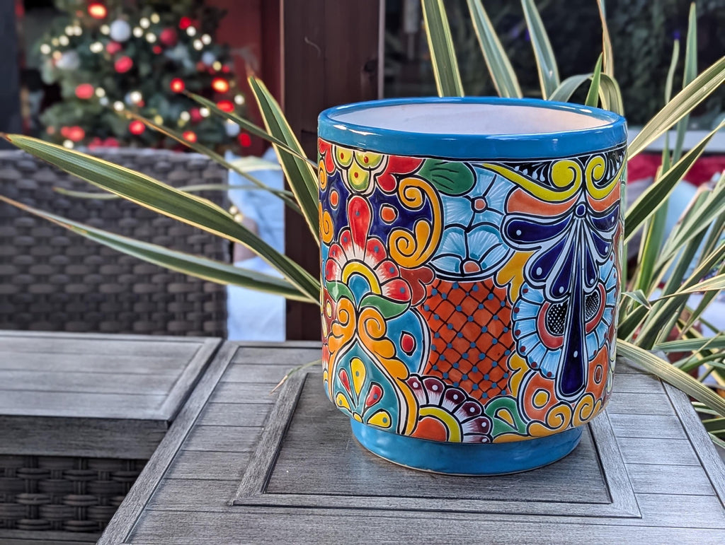 14" Tall Round Flower Pot Colorful Talavera Ceramic Planter is Handmade Mexican Pottery, Garden and Home Decor or Housewarming Gift