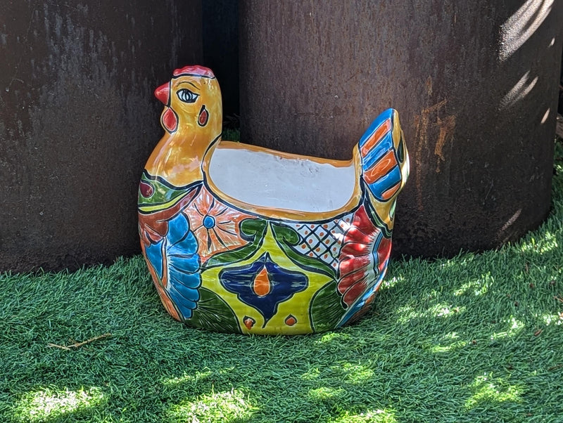 Talavera Chicken Ceramic Planter & Colorful Flower Pot, Handmade Outdoor Yard Decor or Indoor Plant Pot, Colorful Mexican Garden Decor