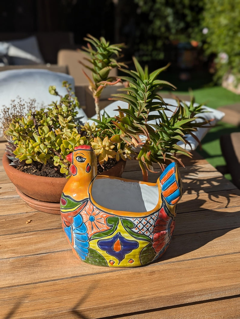 Talavera Chicken Ceramic Planter & Colorful Flower Pot, Handmade Outdoor Yard Decor or Indoor Plant Pot, Colorful Mexican Garden Decor