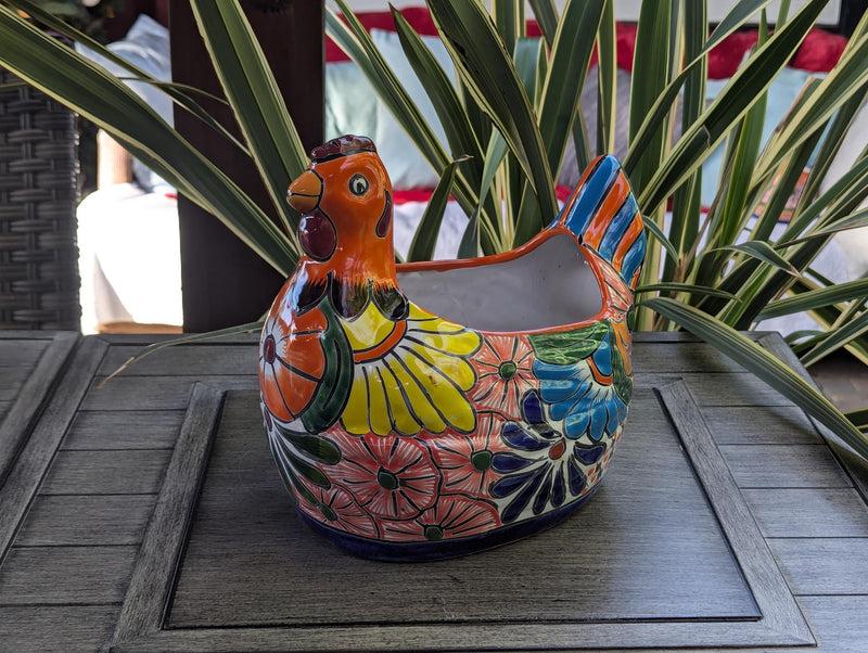 Talavera Chicken Ceramic Planter & Colorful Flower Pot, Handmade Outdoor Yard Decor or Indoor Plant Pot, Colorful Mexican Garden Decor