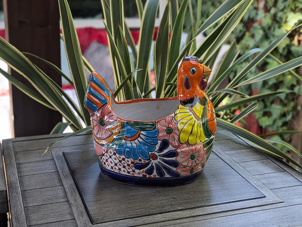 Talavera Chicken Ceramic Planter & Colorful Flower Pot, Handmade Outdoor Yard Decor or Indoor Plant Pot, Colorful Mexican Garden Decor