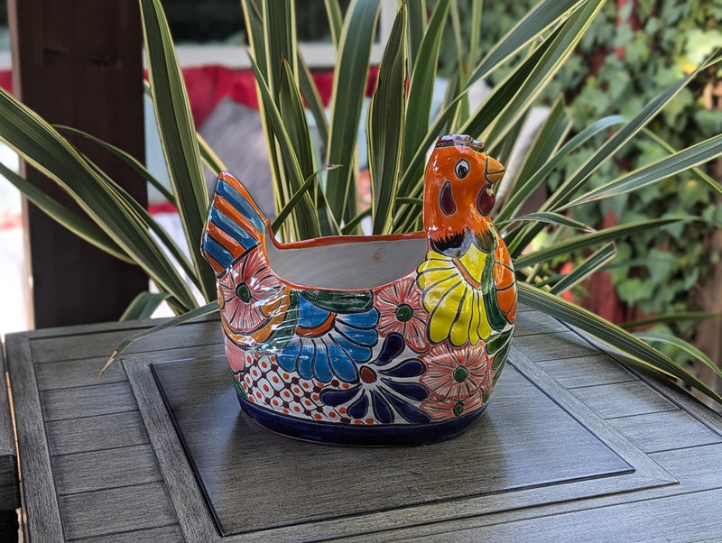 Talavera Chicken Ceramic Planter & Colorful Flower Pot, Handmade Outdoor Yard Decor or Indoor Plant Pot, Colorful Mexican Garden Decor