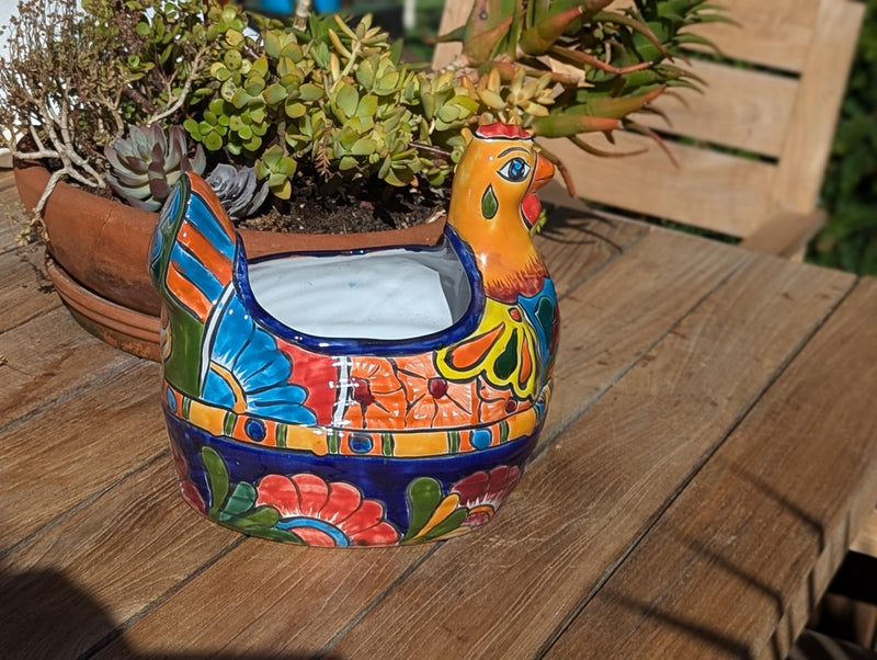 Talavera Chicken Ceramic Planter & Colorful Flower Pot, Handmade Outdoor Yard Decor or Indoor Plant Pot, Colorful Mexican Garden Decor