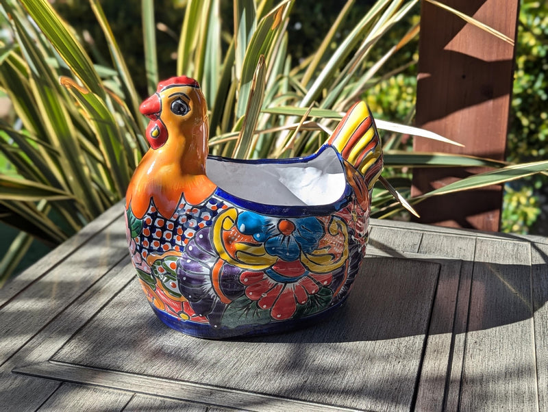 Talavera Chicken Ceramic Planter & Colorful Flower Pot, Handmade Outdoor Yard Decor or Indoor Plant Pot, Colorful Mexican Garden Decor