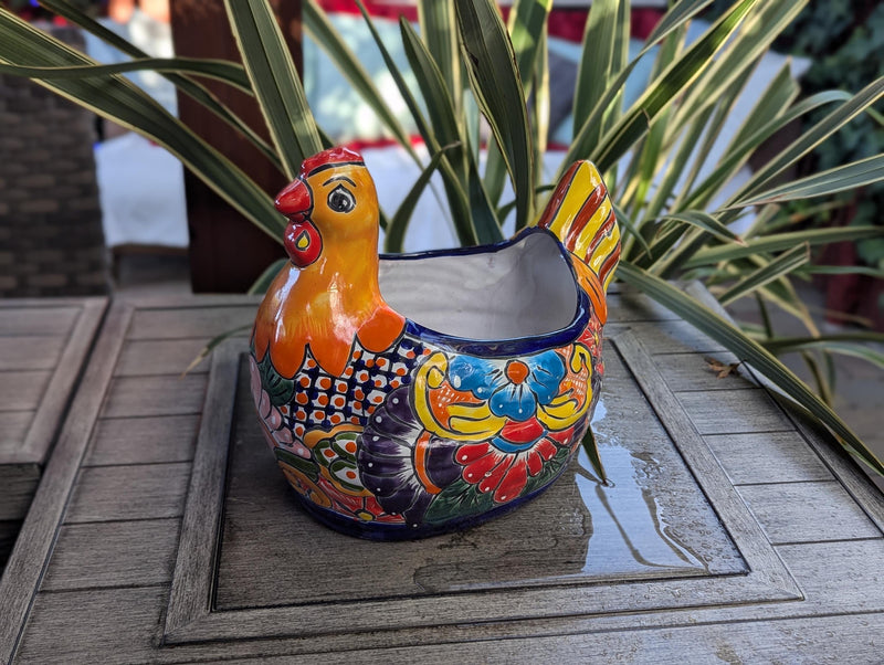 Talavera Chicken Ceramic Planter & Colorful Flower Pot, Handmade Outdoor Yard Decor or Indoor Plant Pot, Colorful Mexican Garden Decor