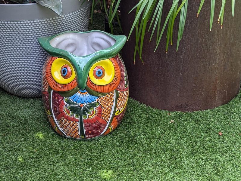 Gorgeous 14" Owl Flower Pot, Ceramic Planter is Handmade Talavera Pottery for Outdoor Garden Decor, Unique Housewarming Gift