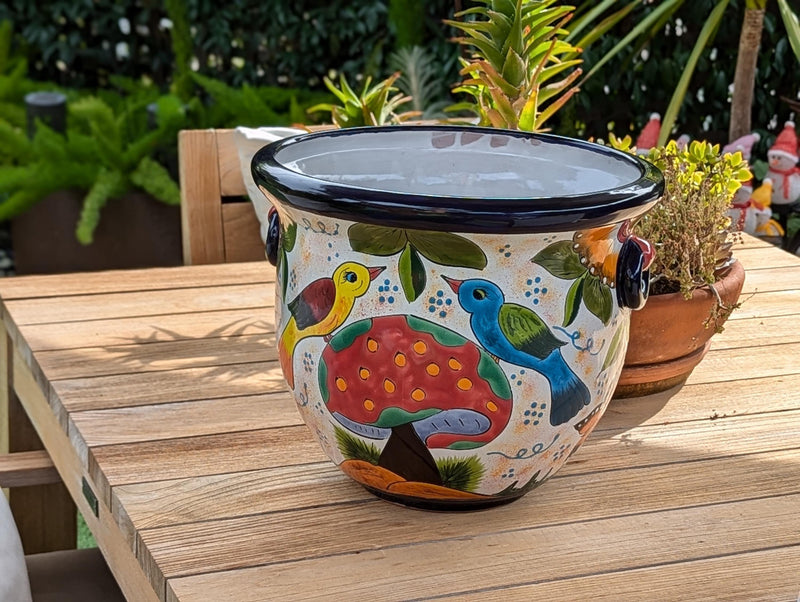 15" Round Flower Pot & Ceramic Planter is Handmade Mexican Talavera Pottery, Garden and Home Decor Featuring Birds | Great Housewarming Gift