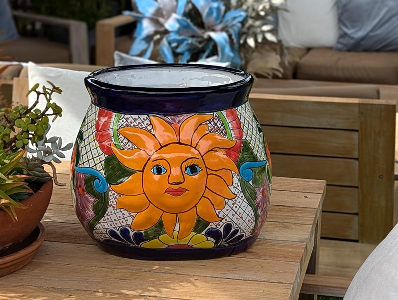 11.5" Oval Mexican Sun Flower Planter Pot is a Colorful, Handmade Talavera Ceramic Planter Pot for Home and Garden Decor, Outdoor Yard Art