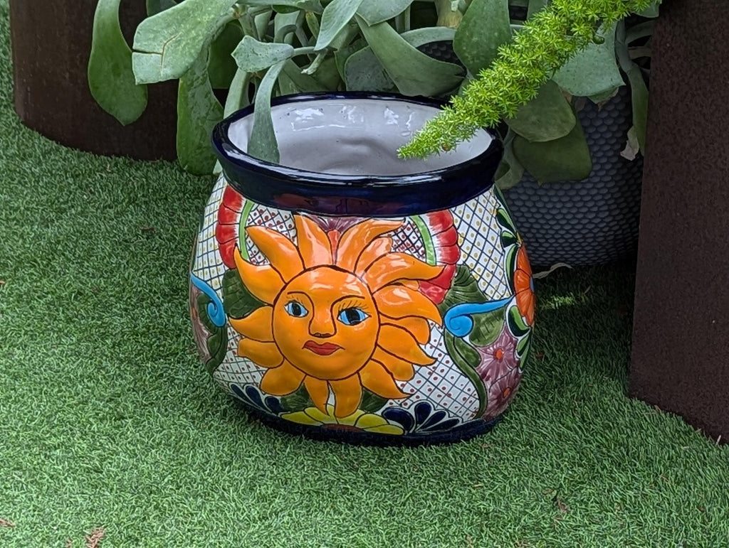 11.5" Oval Mexican Sun Flower Planter Pot is a Colorful, Handmade Talavera Ceramic Planter Pot for Home and Garden Decor, Outdoor Yard Art