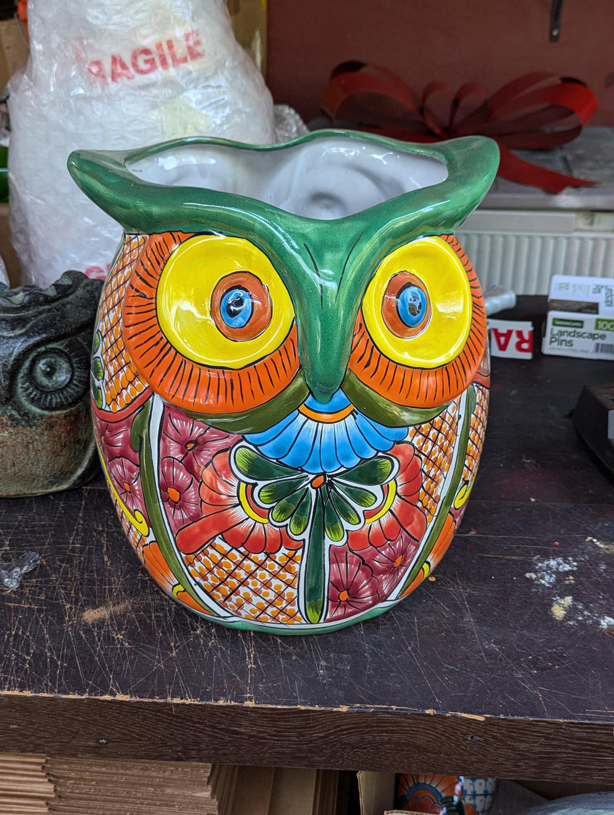 Gorgeous 14" Owl Flower Pot, Ceramic Planter is Handmade Talavera Pottery for Outdoor Garden Decor, Unique Housewarming Gift