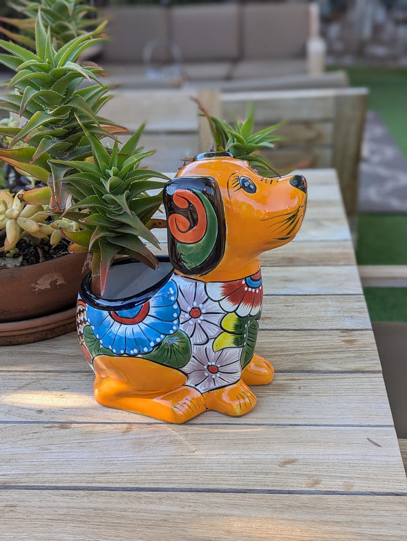 Talavera Dog Flower Pot for Outdoor Decor and Garden Decorations, Planter Pot is Handmade Mexican Pottery, Great as Dog Lover Gift