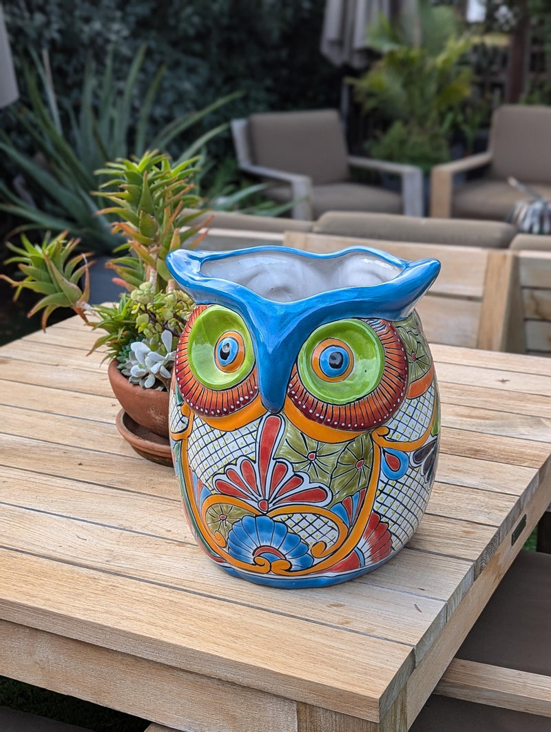 Gorgeous 14" Owl Flower Pot, Ceramic Planter is Handmade Talavera Pottery for Outdoor Garden Decor, Unique Housewarming Gift