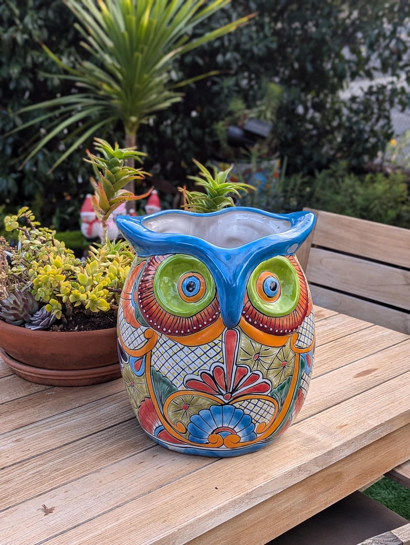 Gorgeous 14" Owl Flower Pot, Ceramic Planter is Handmade Talavera Pottery for Outdoor Garden Decor, Unique Housewarming Gift