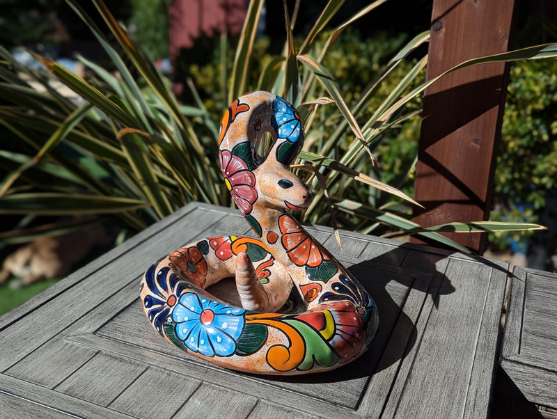 Talavera Rattlesnake Figurine Ceramic Mexican Pottery, Outdoor Snake Decor and Garden Statue Handmade in Mexico