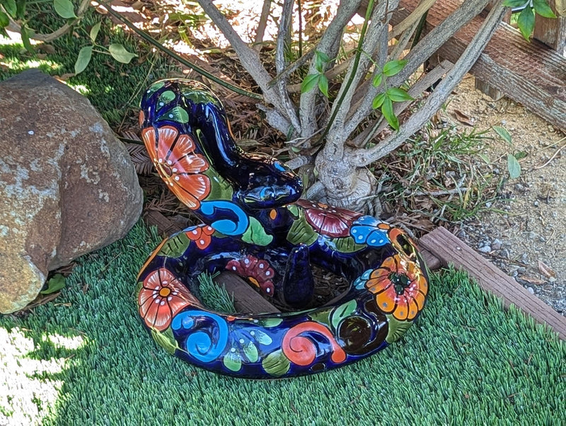 Talavera Rattlesnake Figurine Ceramic Mexican Pottery, Outdoor Snake Decor and Garden Statue Handmade in Mexico