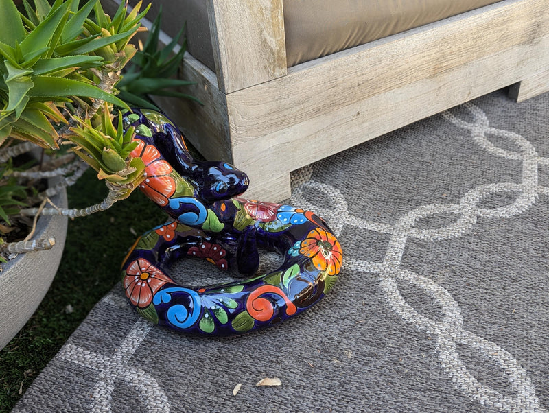 Talavera Rattlesnake Figurine Ceramic Mexican Pottery, Outdoor Snake Decor and Garden Statue Handmade in Mexico