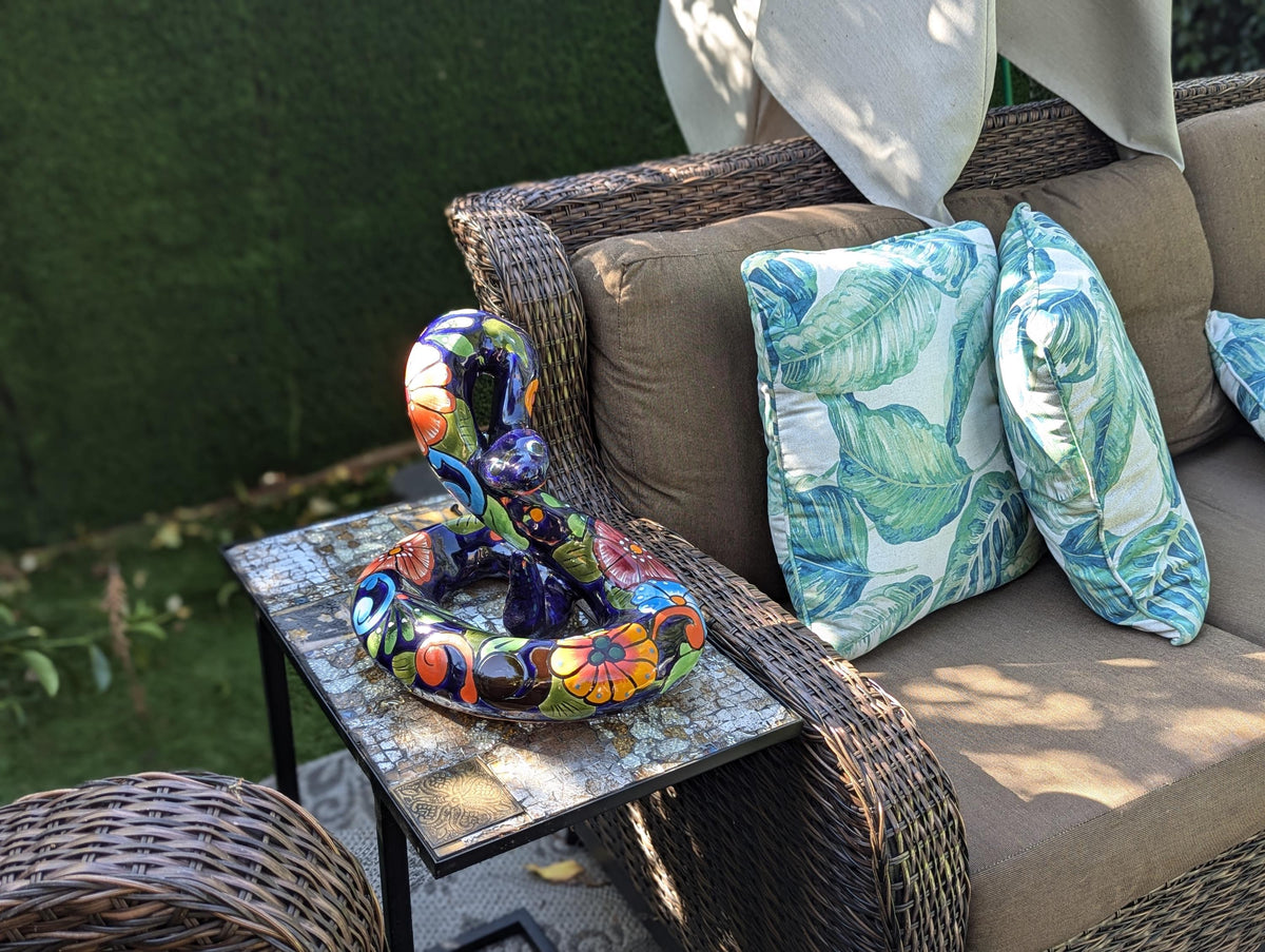 Talavera Rattlesnake Figurine Ceramic Mexican Pottery, Outdoor Snake Decor and Garden Statue Handmade in Mexico