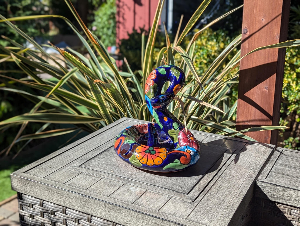 Talavera Rattlesnake Figurine Ceramic Mexican Pottery, Outdoor Snake Decor and Garden Statue Handmade in Mexico