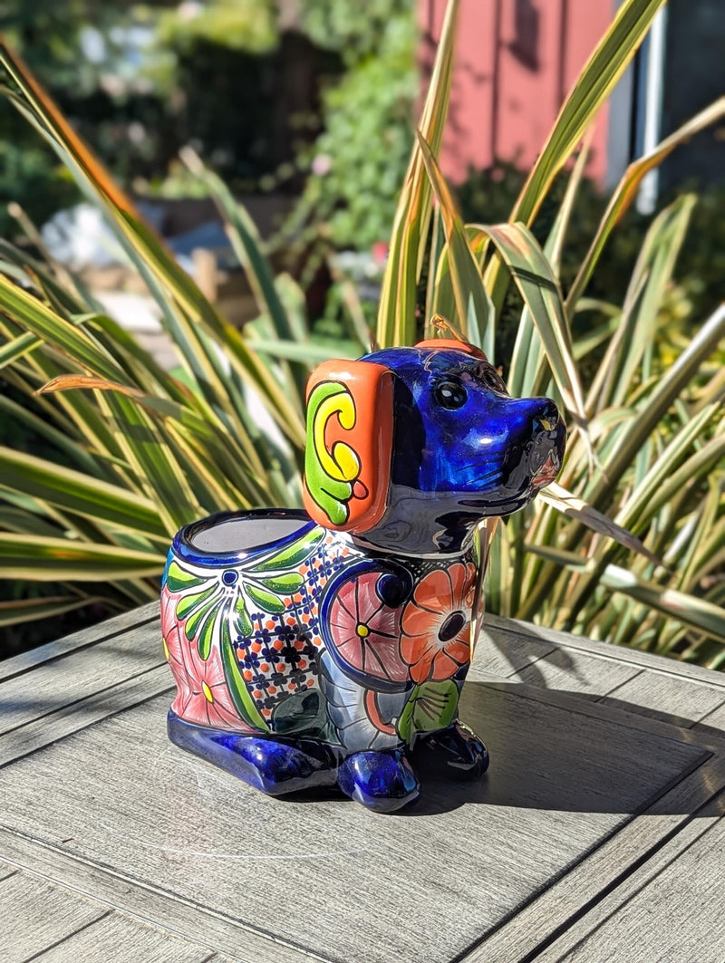 Talavera Dog Flower Pot for Outdoor Decor or Garden Decorations, Planter Pot is Handmade Mexican Pottery, great as Cute Dog Lover Gifts