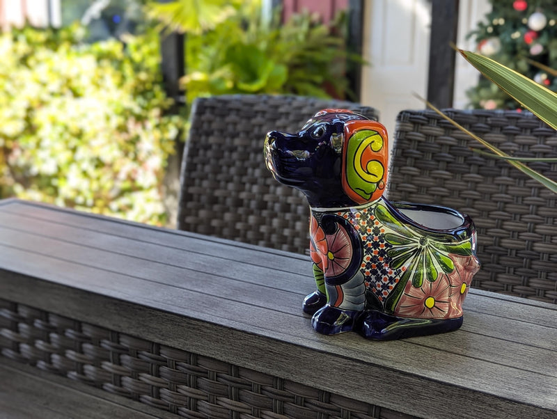 Talavera Dog Flower Pot for Outdoor Decor or Garden Decorations, Planter Pot is Handmade Mexican Pottery, great as Cute Dog Lover Gifts