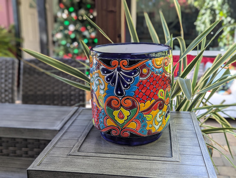 14" Tall Round Flower Pot Colorful Talavera Ceramic Planter is Handmade Mexican Pottery, Garden and Home Decor or Housewarming Gift