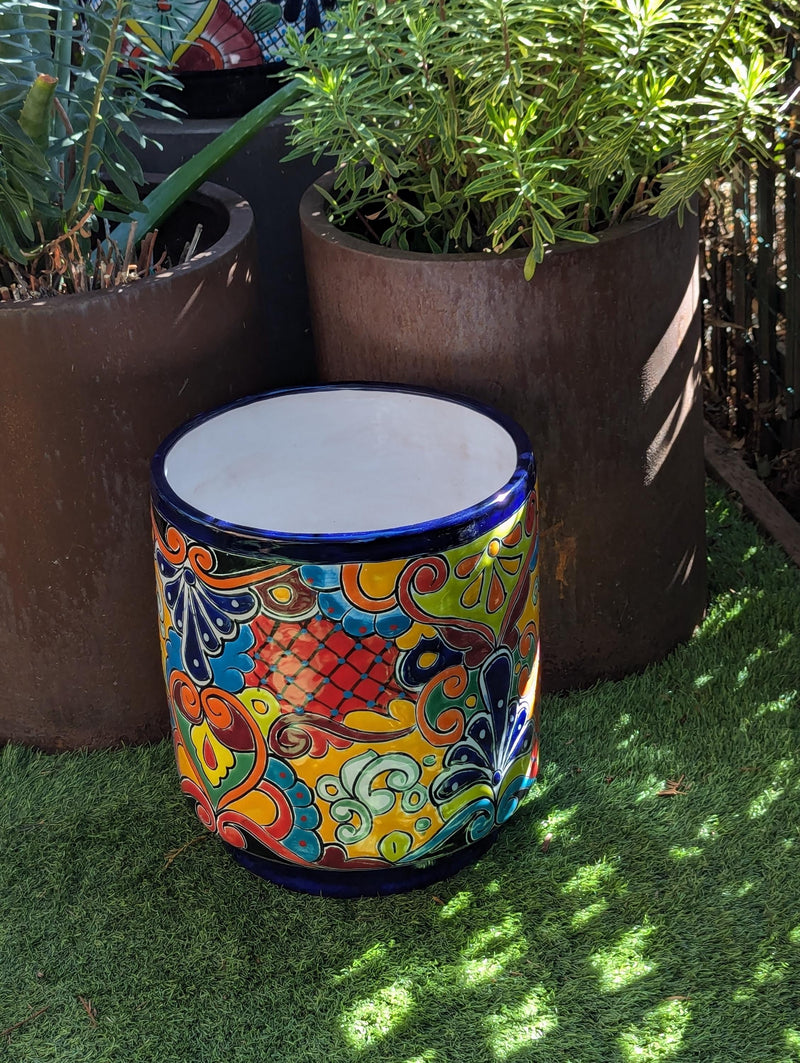 14" Tall Round Flower Pot Colorful Talavera Ceramic Planter is Handmade Mexican Pottery, Garden and Home Decor or Housewarming Gift