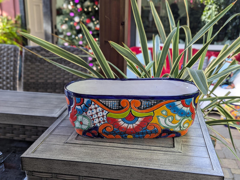 Oval Planter Talavera Pottery, Indoor or Outdoor Flower Pot, Ceramic Mexican Art as Housewarming Gift