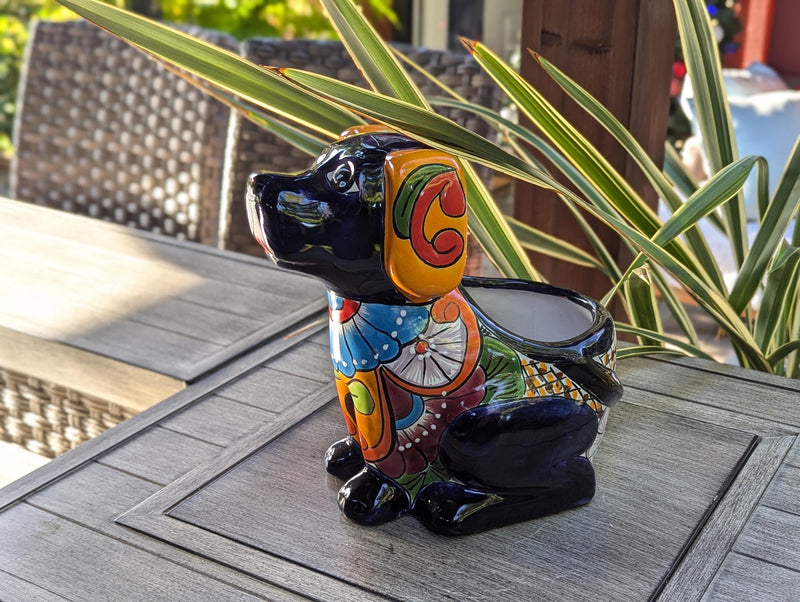 Talavera Dog Flower Pot for Outdoor Decor or Garden Decorations, Planter Pot is Handmade Mexican Pottery, great as Cute Dog Lover Gifts