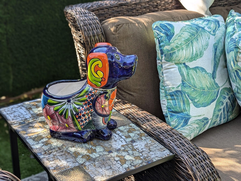 Talavera Dog Flower Pot for Outdoor Decor or Garden Decorations, Planter Pot is Handmade Mexican Pottery, great as Cute Dog Lover Gifts