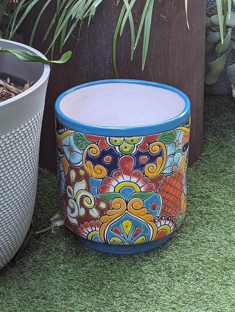 14" Tall Round Flower Pot Colorful Talavera Ceramic Planter is Handmade Mexican Pottery, Garden and Home Decor or Housewarming Gift