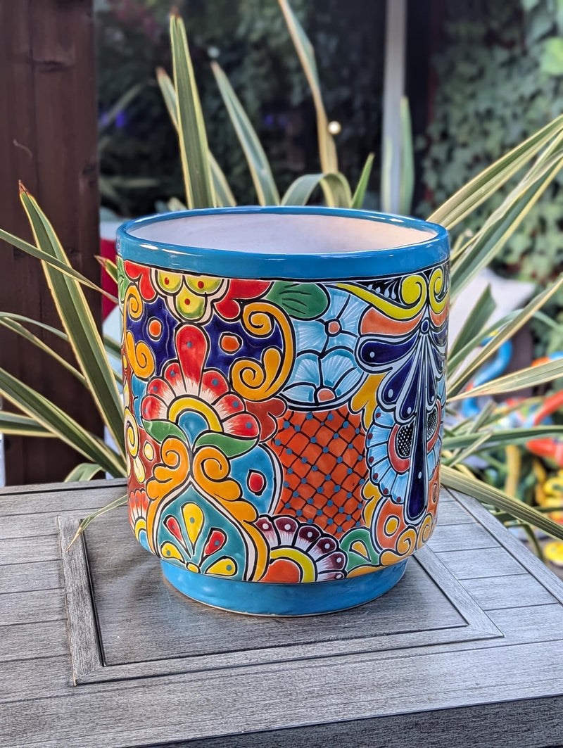 14" Tall Round Flower Pot Colorful Talavera Ceramic Planter is Handmade Mexican Pottery, Garden and Home Decor or Housewarming Gift