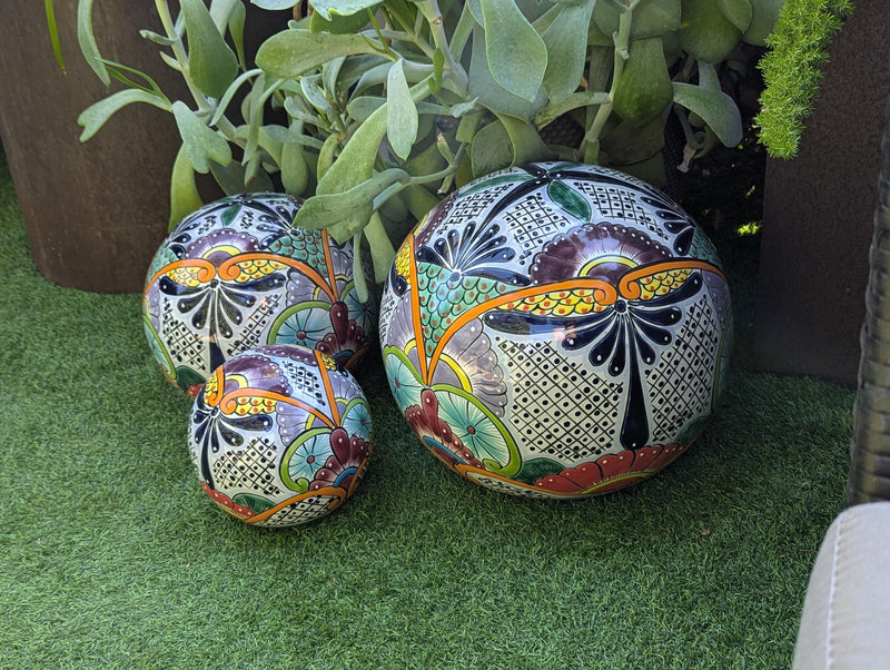 Spheres Garden Decor & Yard Art | Ceramic Talavera Pottery Home Decor, 3 Spheres Handmade in Mexico