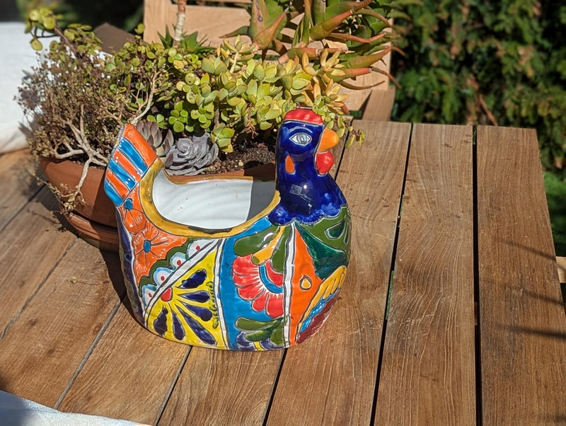 Talavera Chicken Ceramic Planter & Colorful Flower Pot, Handmade Outdoor Yard Decor or Indoor Plant Pot, Colorful Mexican Garden Decor