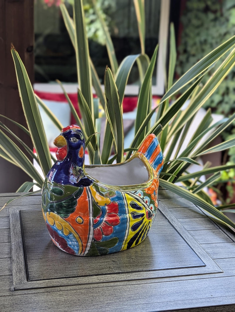 Talavera Chicken Ceramic Planter & Colorful Flower Pot, Handmade Outdoor Yard Decor or Indoor Plant Pot, Colorful Mexican Garden Decor