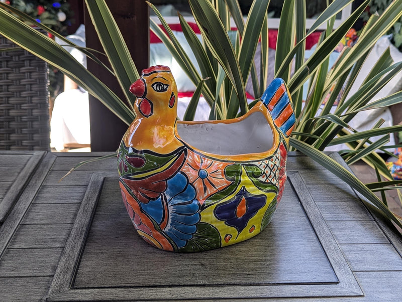 Talavera Chicken Ceramic Planter & Colorful Flower Pot, Handmade Outdoor Yard Decor or Indoor Plant Pot, Colorful Mexican Garden Decor