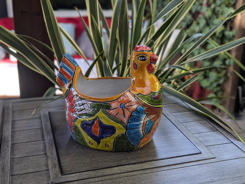 Talavera Chicken Ceramic Planter & Colorful Flower Pot, Handmade Outdoor Yard Decor or Indoor Plant Pot, Colorful Mexican Garden Decor