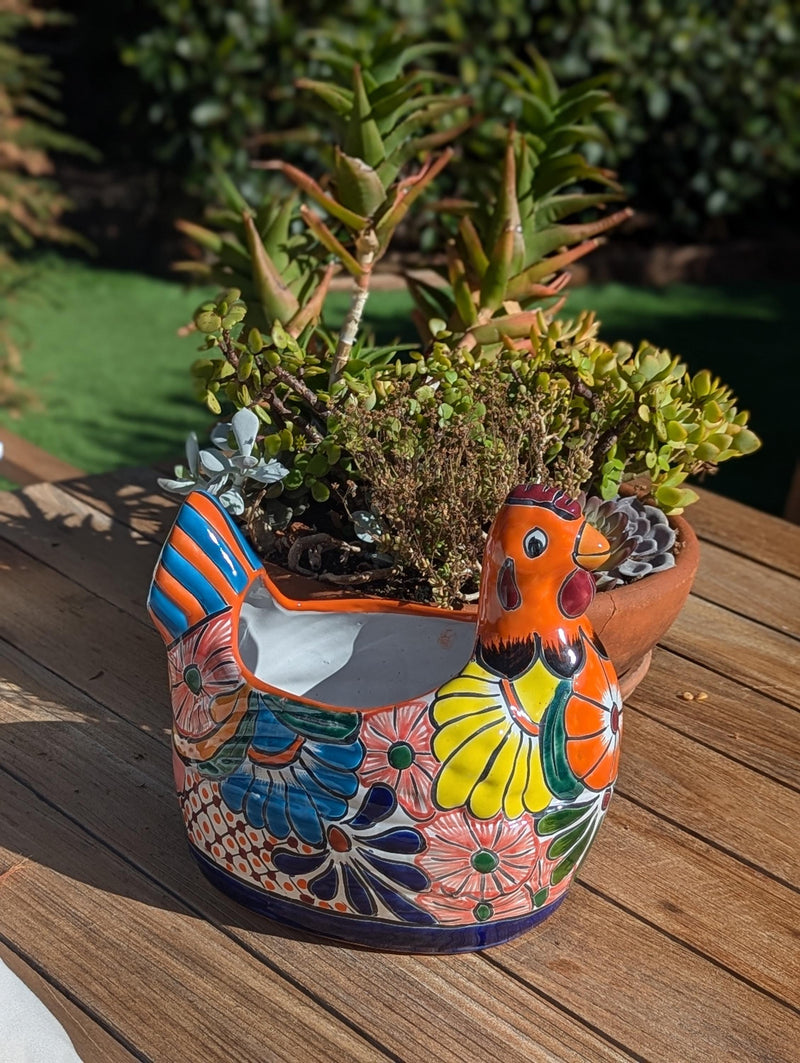 Talavera Chicken Ceramic Planter & Colorful Flower Pot, Handmade Outdoor Yard Decor or Indoor Plant Pot, Colorful Mexican Garden Decor