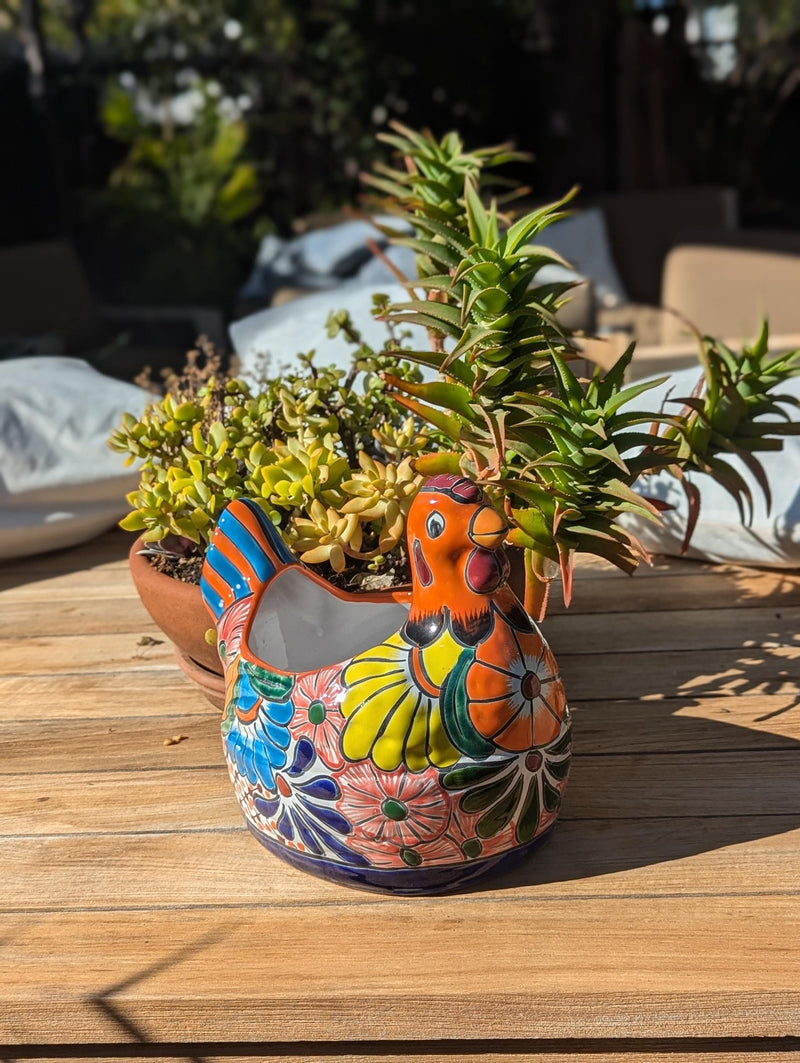 Talavera Chicken Ceramic Planter & Colorful Flower Pot, Handmade Outdoor Yard Decor or Indoor Plant Pot, Colorful Mexican Garden Decor