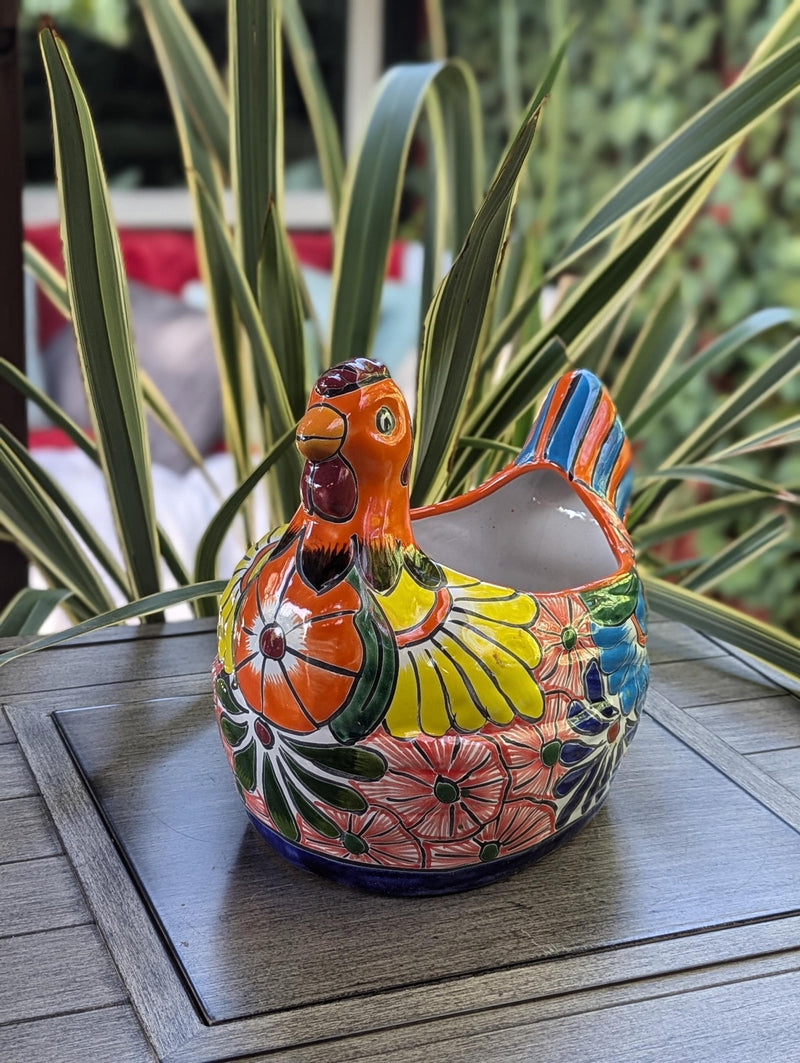 Talavera Chicken Ceramic Planter & Colorful Flower Pot, Handmade Outdoor Yard Decor or Indoor Plant Pot, Colorful Mexican Garden Decor