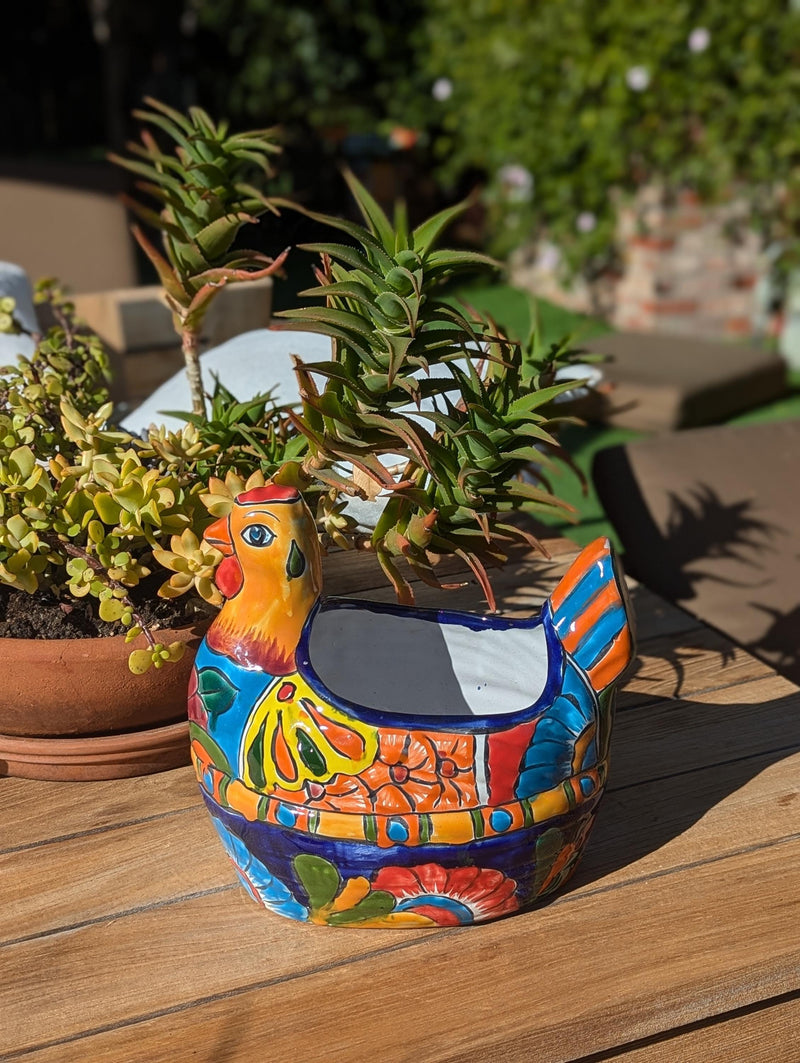 Talavera Chicken Ceramic Planter & Colorful Flower Pot, Handmade Outdoor Yard Decor or Indoor Plant Pot, Colorful Mexican Garden Decor