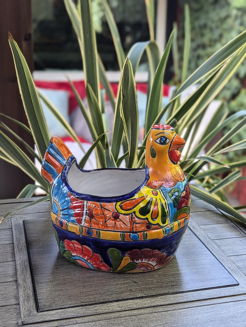 Talavera Chicken Ceramic Planter & Colorful Flower Pot, Handmade Outdoor Yard Decor or Indoor Plant Pot, Colorful Mexican Garden Decor