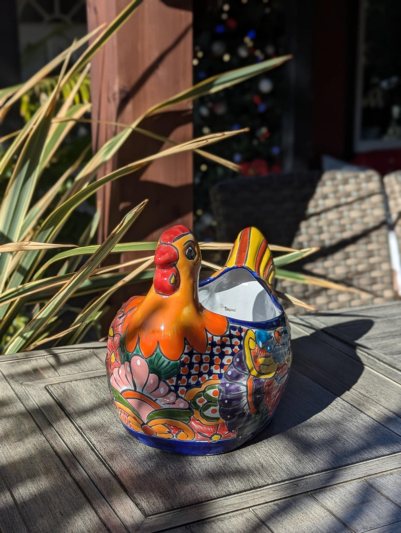 Talavera Chicken Ceramic Planter & Colorful Flower Pot, Handmade Outdoor Yard Decor or Indoor Plant Pot, Colorful Mexican Garden Decor