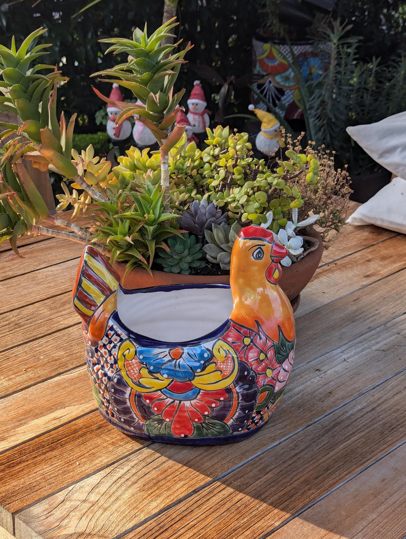 Talavera Chicken Ceramic Planter & Colorful Flower Pot, Handmade Outdoor Yard Decor or Indoor Plant Pot, Colorful Mexican Garden Decor