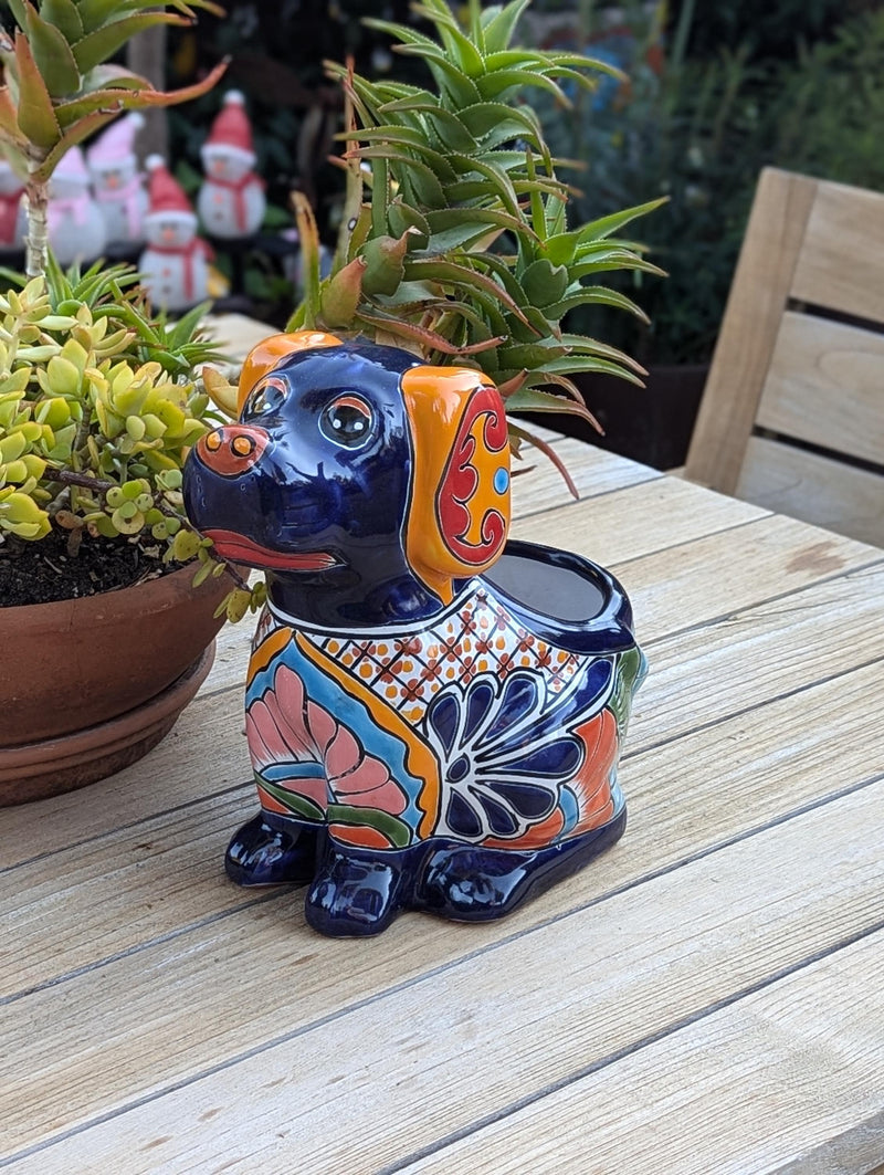 Talavera Dog Flower Pot for Outdoor Decor and Garden Decorations, Planter Pot is Handmade Mexican Pottery, Great as Dog Lover Gift