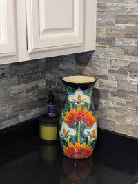 Talavera Ceramic Vase | Handmade Mexican Pottery for Dried or Fresh Flowers Featuring Colorful Sunflowers & Lillies