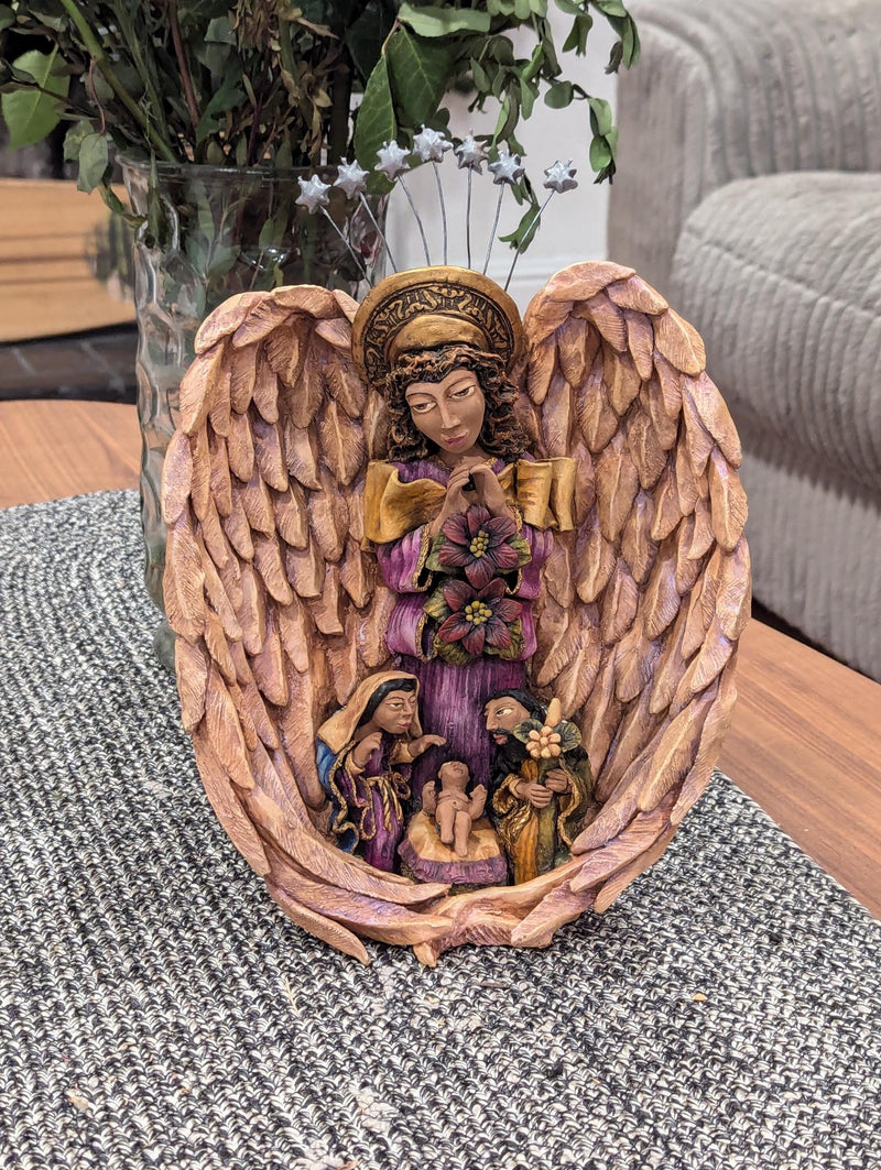 Angel & Holy Family Nativity is Oaxacan Folk Art From Mexico | Angel Sculpture is Original Clay Art Handmade By Juan Jose Aguilar of Oaxaca