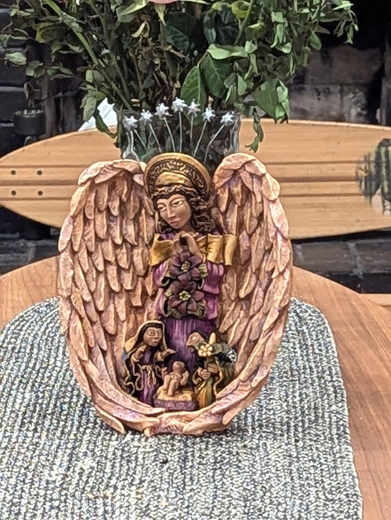 Angel & Holy Family Nativity is Oaxacan Folk Art From Mexico | Angel Sculpture is Original Clay Art Handmade By Juan Jose Aguilar of Oaxaca