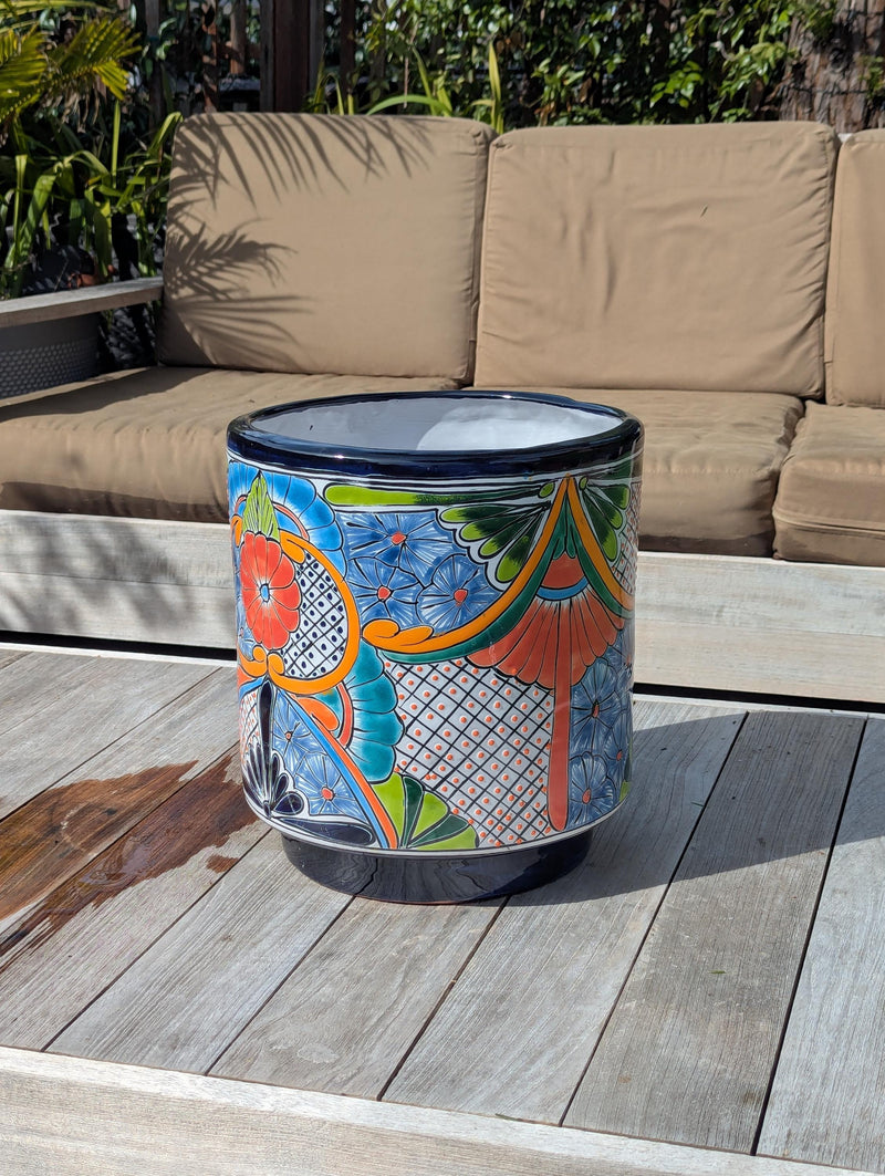 14" Tall Round Flower Pot is Colorful Talavera Ceramic Planter, Handmade Mexican Pottery | Garden Art, Home Decor or Housewarming Gift