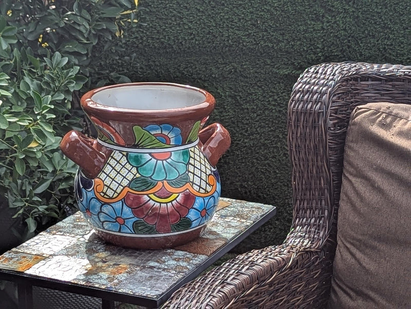 10.5" Round Talavera Planter is a Ceramic Flower Pot | Handmade Mexican Pottery for Outdoor Garden Decor or Indoor Home Decor Unique Gift